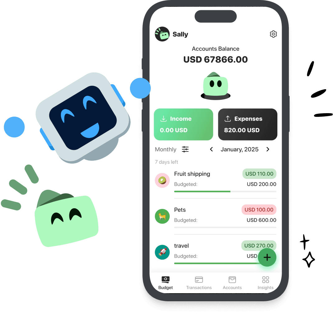 Wally budgeting app showing expense tracking, account balance, and budget categories on a phone screen